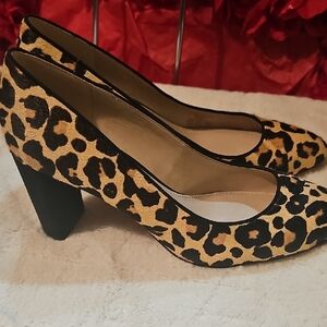 Leopard Print Women's Heels With Block Suede Heel-Real Cow Hair Size 8